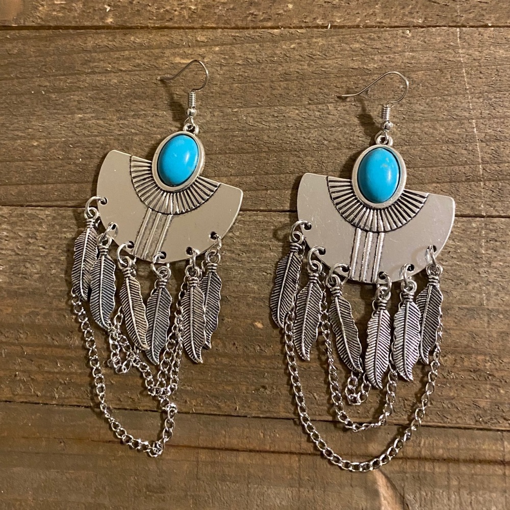 Turquoise Feather Silver Earrings